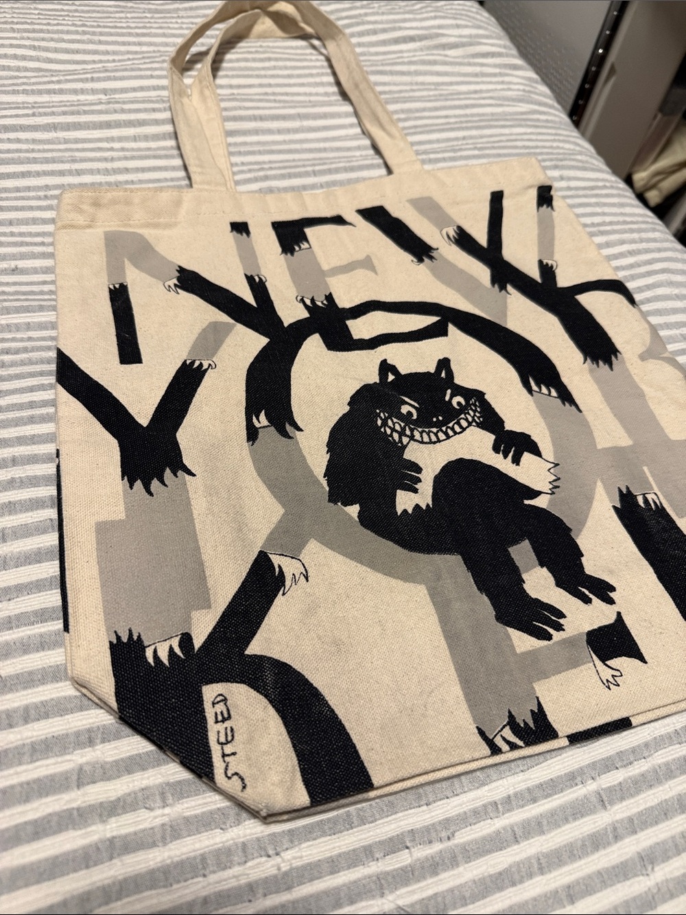 New Yorker Beige Canvas Tote with Black Monster Graphic - Good Condition - Picture 2 of 5